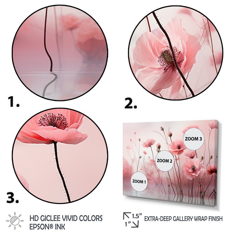Aube rose, rosé, réveil des coquelicots - Art mural coquelicots, Cadre d'angle fermé noir, H 30 po x l 40 po x P 1,5 po