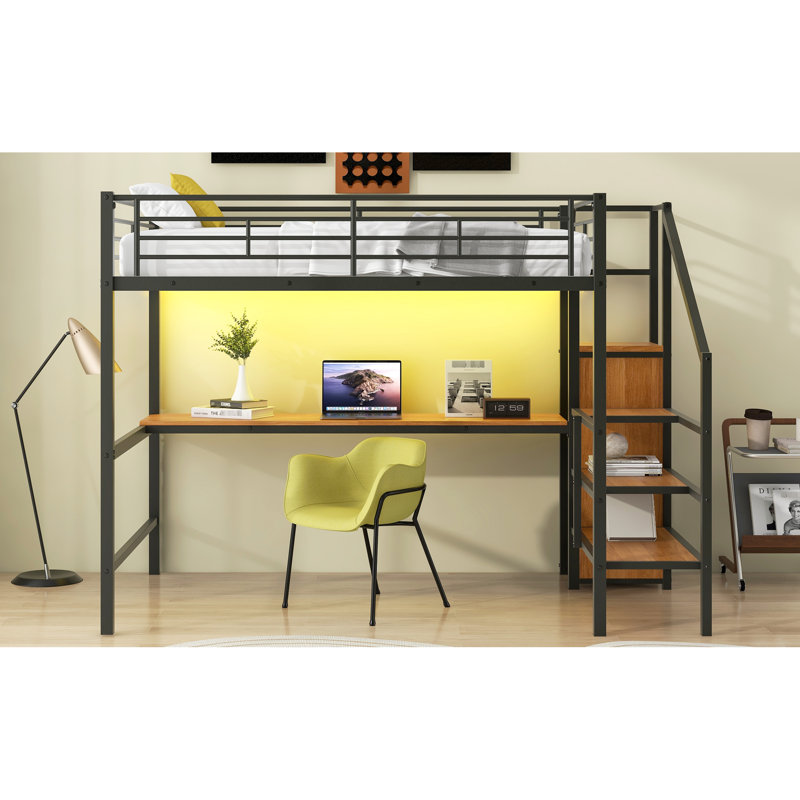 Full Size Metal Loft Bed With Desk, Storage Staircase, Small Wardrobe, Led - Comfortable And Secure, Black