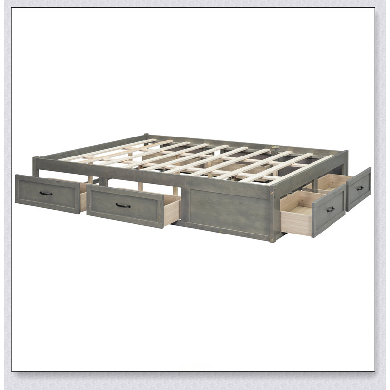 Platform Bed With 6 Storage Drawers,, Grand lit, Antique Grey