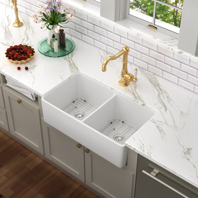 32" L x 20" W Farmhouse/Apron Front Fireclay Ceramic Double Bowl Kitchen Sink with Bottom Grid and Basket Strainer
