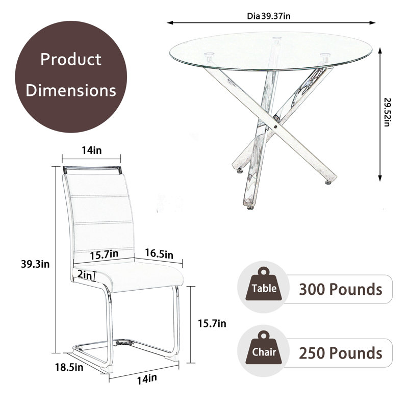 Gold and White Glass Round Dining Table Set with Upholstered Chairs
