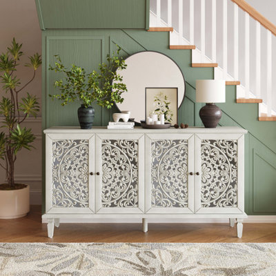 60" Antique Buffet Cabinet with Floral Carvings with Solid Wood Legs&Antique Brass Handles&Adjustable Shelves, TV Stand for 65''+ TV, Sideboard for Living Room,Dining Room