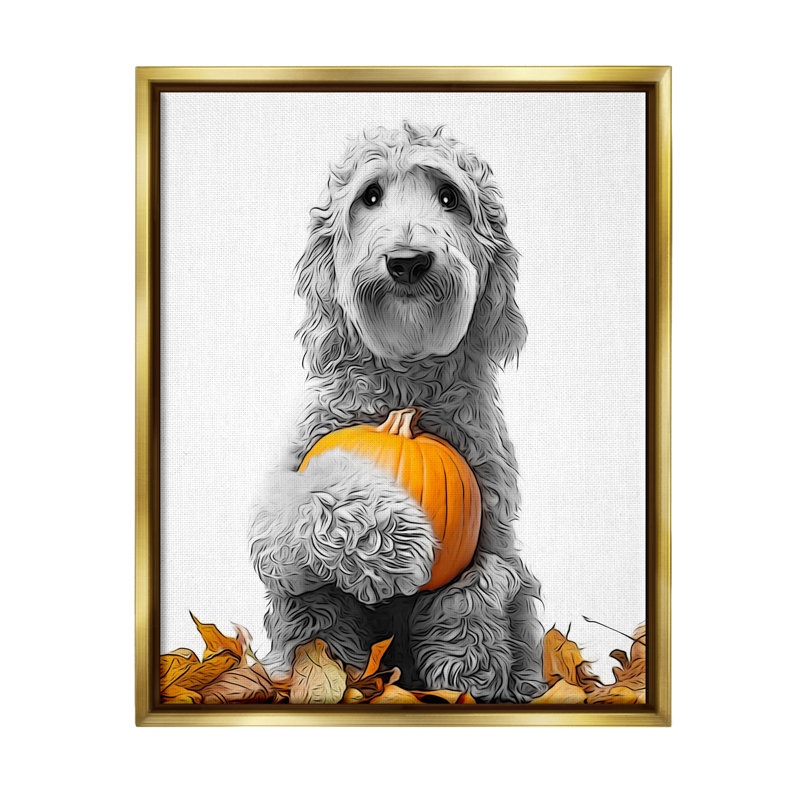 Chien et feuilles d'automne sur toile, Cadre flottant doré, H 21 po x l 17 po x P 1,7 po