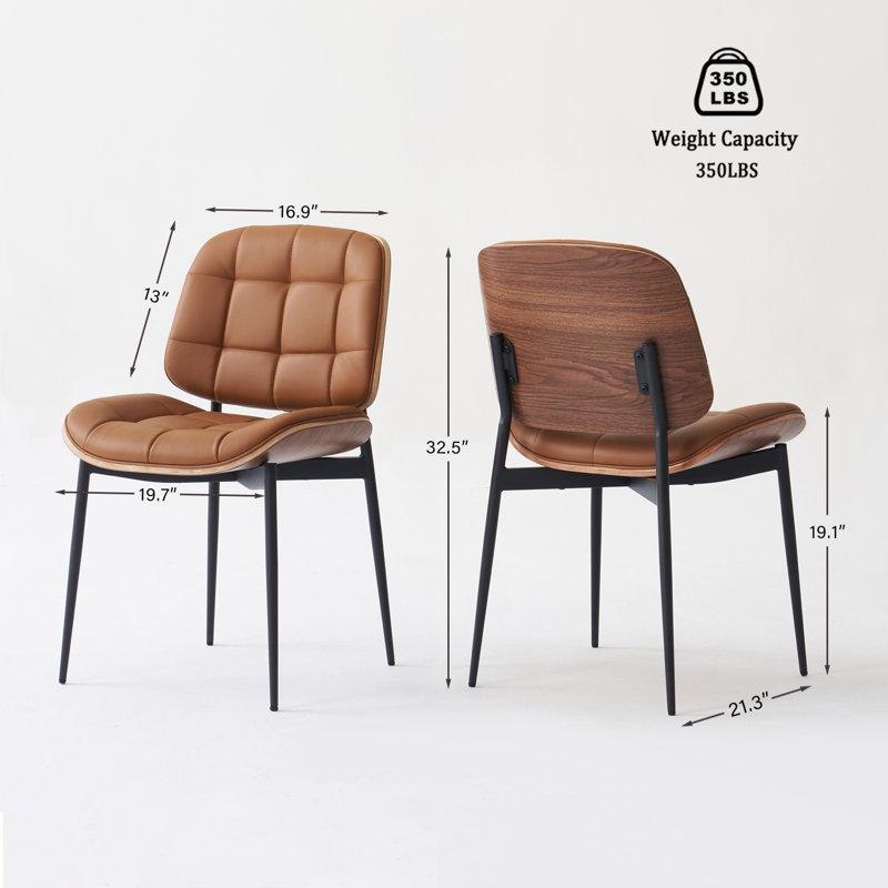 Mid Century Modern Dining Chairs with Walnut Grain Back, Brown Faux Leather Dining Room Chairs Set of 4, Checkered Soft Cushion Kitchen Chairs with Adjustable Foot Pads