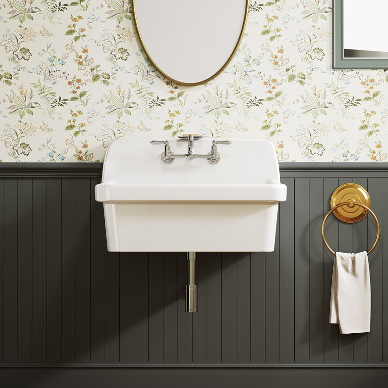 Évier à lessive mural en céramique blanc de style ferme avec robinet central de 8 po Ellai