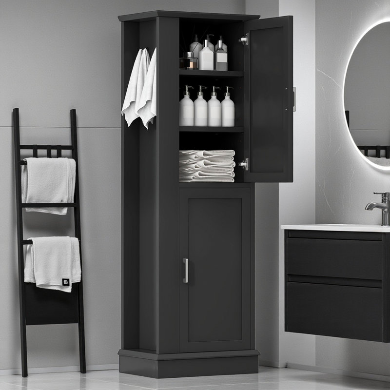 Grande armoire de rangement autoportante pour salle de bain, Noir