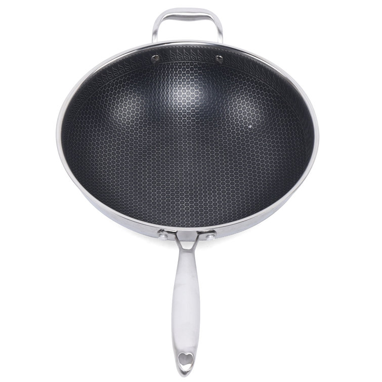 Oukaning Non Stick Double Sided Honeycomb Cooking Frying Wok Pan with Lid Stainless Steel, Size: One size, Black