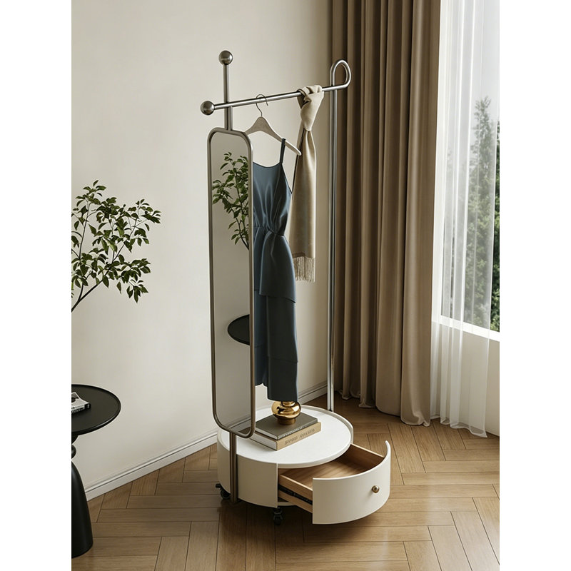 Portemanteau à miroir multifonctionnel contemporain en acier inoxydable avec tiroir en bois et roues universelles