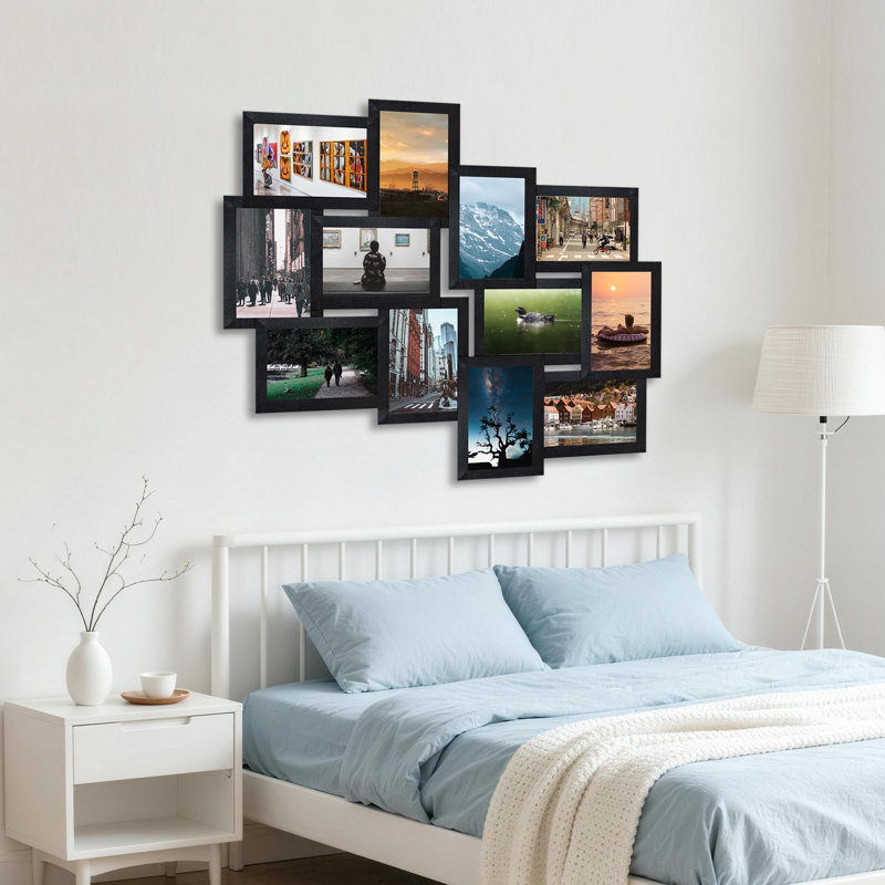 Staggered 12 Opening Collage Picture Frame Set, Black PVC Wall Gallery Decor, Black