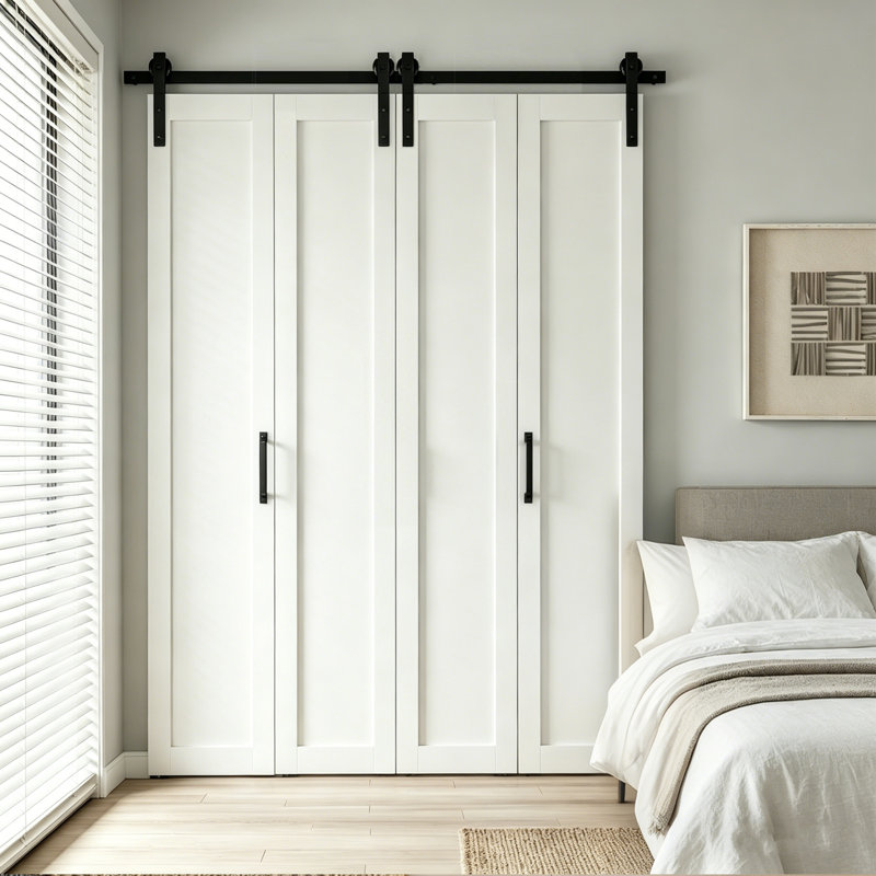 Porte de grange pliante en bois MDF double avec quincaillerie intérieure, blanc, 72 po x 84 po