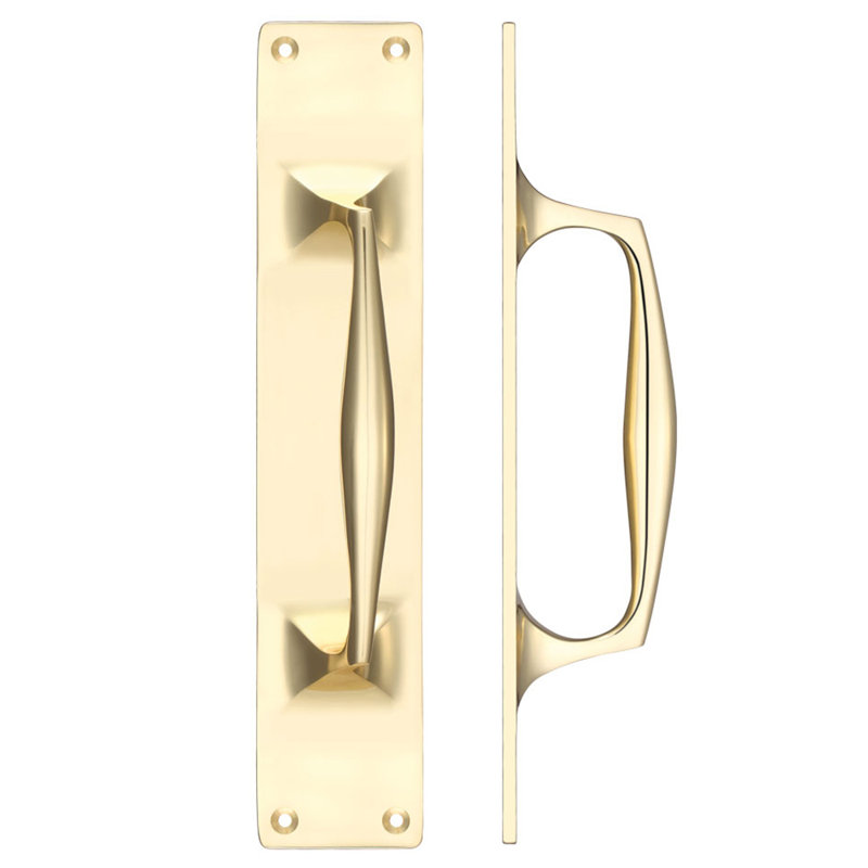 Cast Brass Pull Handle with Backplate, Polished Brass, 30cm H x 6cm W x 6.5cm D