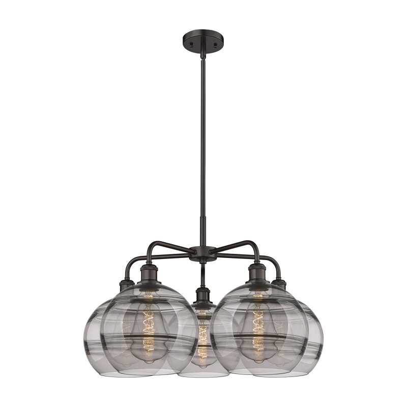 Lustre rond / ovale à abat-jour 5 lumières, H 17,13 po x l 28 po x P 28 po, Gris fumée clair, Bronze huilé