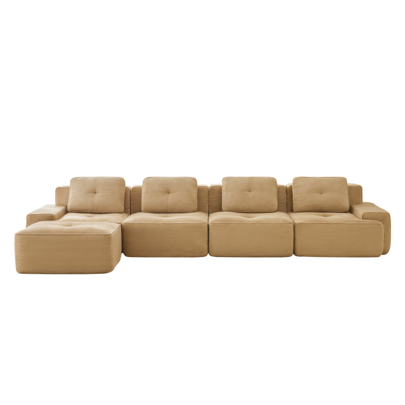 Canapé modulaire en forme de L de 153 po pour salon modulaire en tissu velours côtelé de 153 po avec siège profond et repose-pieds mobile, passepoil perlé, conception sans assemblage, conception antidérapante, brun clair