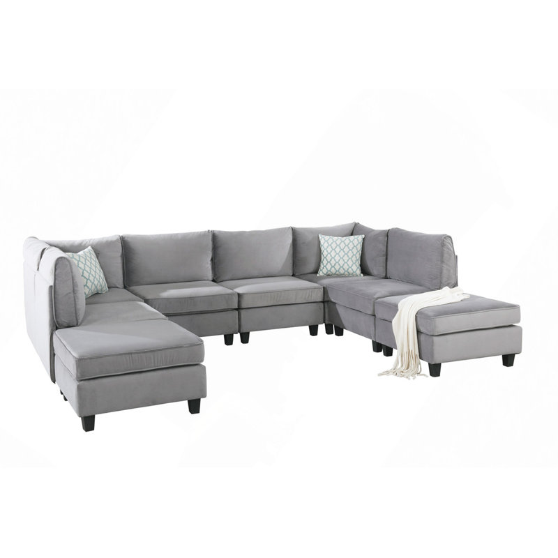 Sectional Sofa, 120" Modular Sectional Sofa, 8-Piece Grey Velvet, Modern Configurable Layout