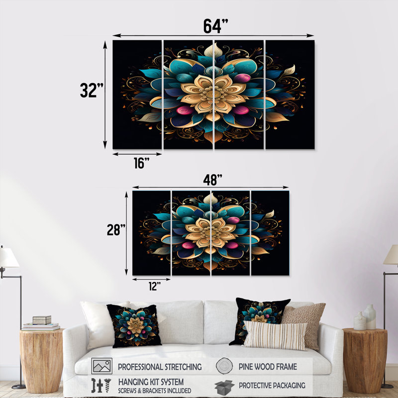 «Turquoise Gold Flower - Boho Mandala», ensemble d'art mural 4 pièces, H 28 po x l 48 po