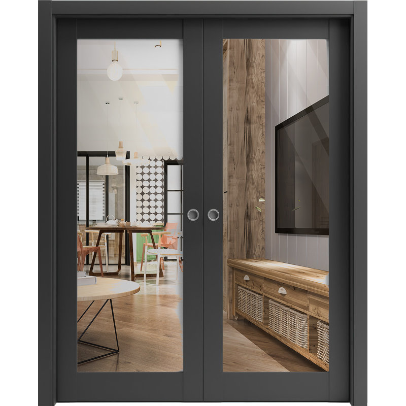 Portes coulissantes françaises à double poche | Verre transparent noir mat Lucia 2166 | Ensemble de quincaillerie pour rails
