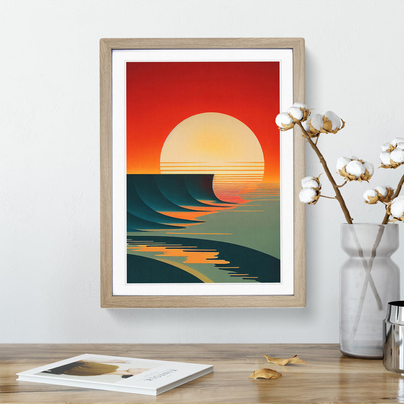 Deco Ocean Sunset No.2 - Single Picture Frame Print, 46cm H x 34cm W x 2cm D, Oak