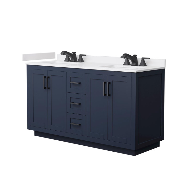 Ensemble de meuble-lavabo double 60 po avec plateau en marbre de culture Miranda, Noir mat, Bleu