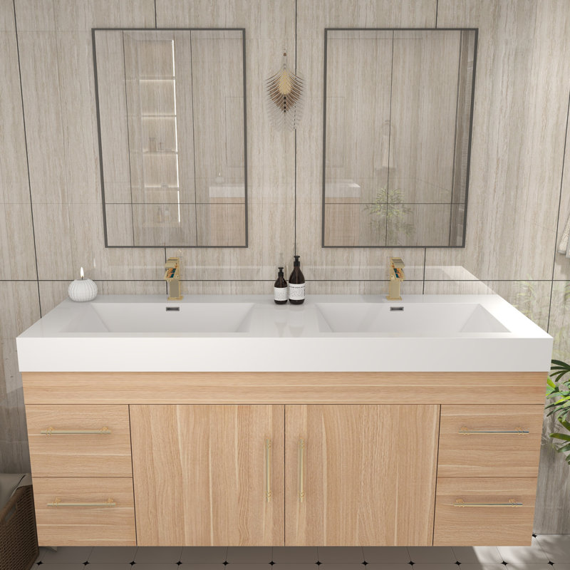 59" Wall-Mounted Double Bathroom Vanity Set, Champagne Oak