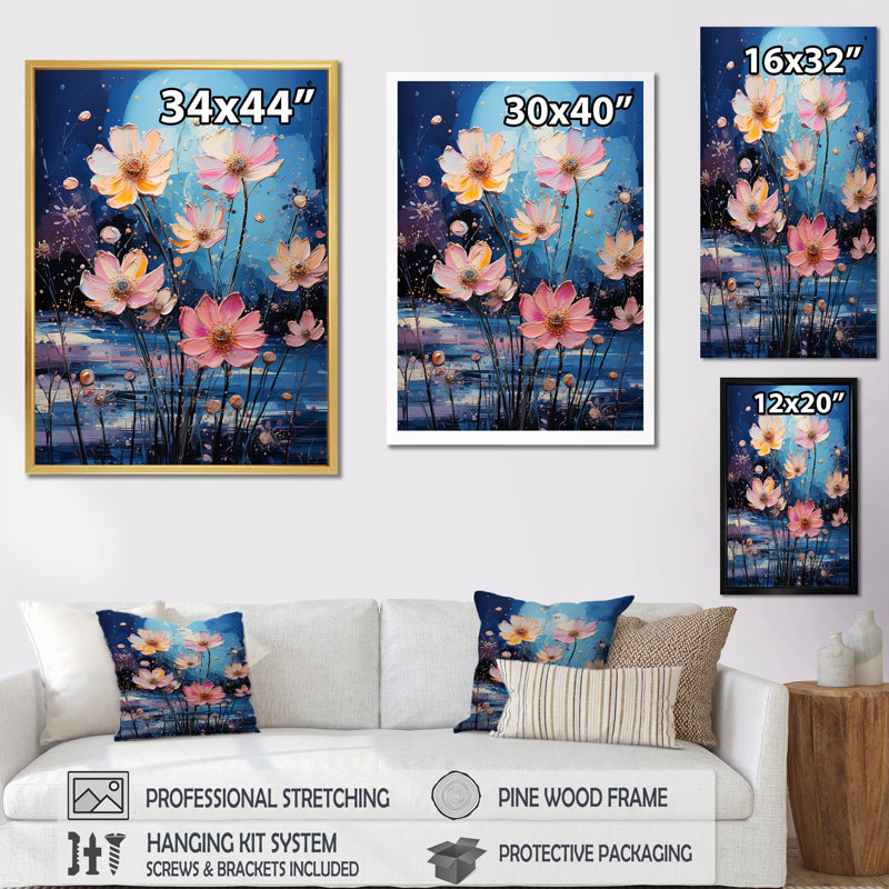 «Zinnias Blooms» sur toile rose, Cadre flottant blanc, H 40 po x l 30 po x P 1,5 po