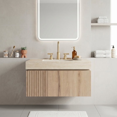 Meuble-lavabo mural 36 po en contreplaqué, grain de bois de chêne blanc Heidelberg, armoire de rangement imperméable, anti-déformation et anti-moisissure avec portes et tiroirs, pré-assemblé
