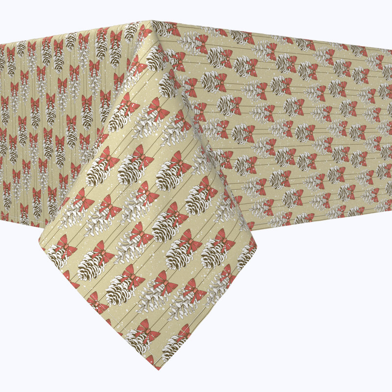 Geometric Christmas Tablecloth, 54" L x 54" W, Pine Cones with Bows