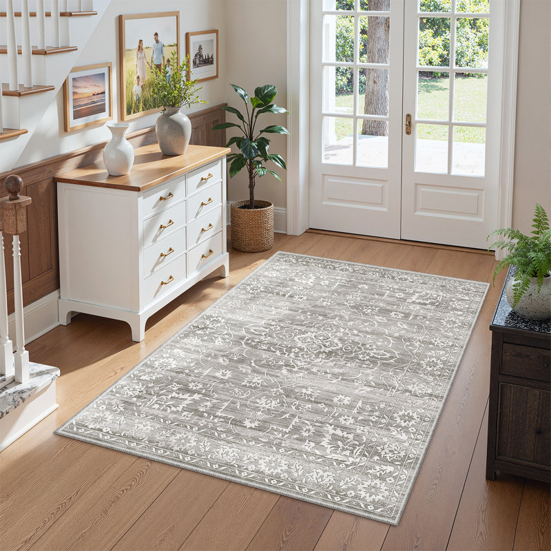 Machine Washable Floral Non Slip Indoor Area Rug, Grey, Rectangle 80 x 150cm