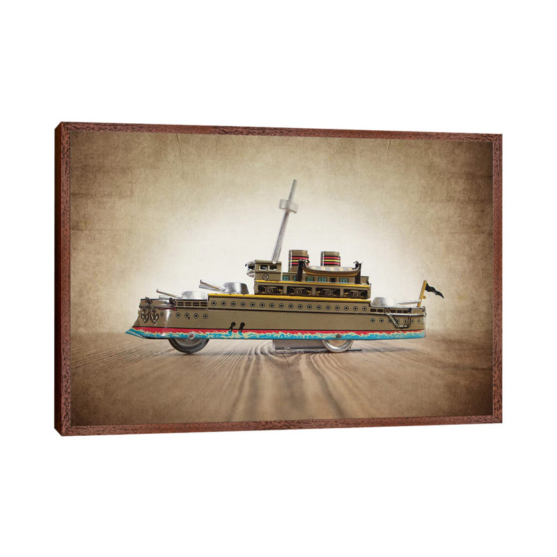 Green Tin Ship - Print on Canvas, 66.04 cm H x 45.72 cm W, Classic Brown Wood Framed