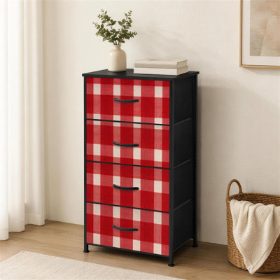 Commode à 4 tiroirs pour chambre à coucher Petite commode en tissu à carreaux vichy rouge et blanc avec rangement pour commode et commode