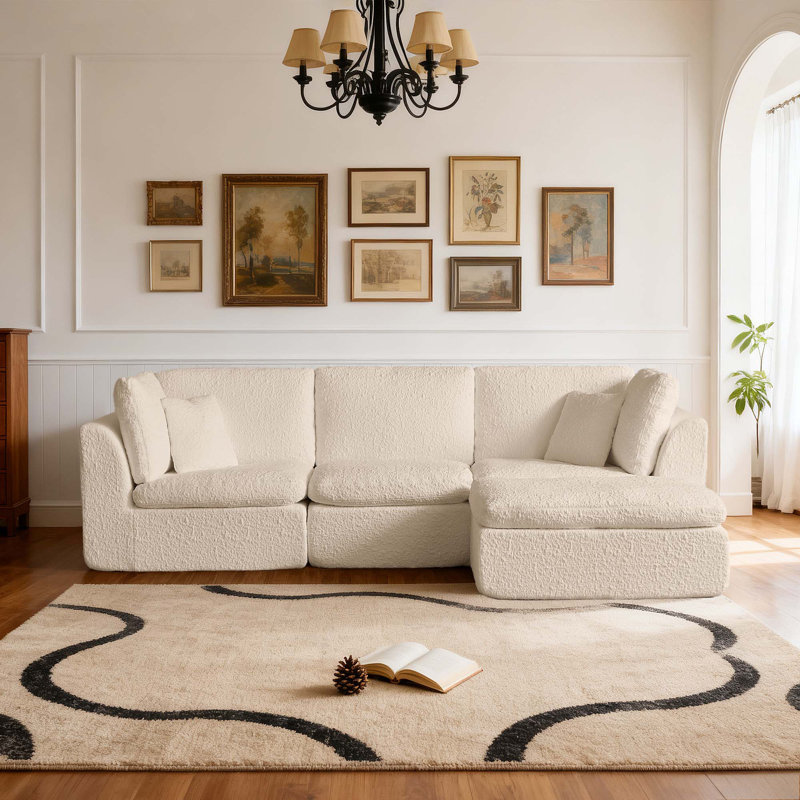 Canapé modulaire convertible en L de 110 po avec canapé-lit modulaire 3 places avec repose-pieds pour salon, Chenille beige
