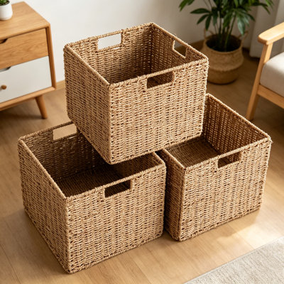 Handwoven Seagrass Storage Baskets Set Of 3, Foldable Cube Organizer Bins For Shelves, Pantry, Kitchen, And Bathroom Organization, Natural Wicker Stor
