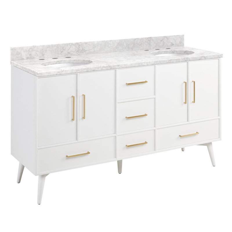 60" Novak Double Bathroom Vanity Set with Oval Undermount Sinks, 8" Widespread, White, Carrara Marble