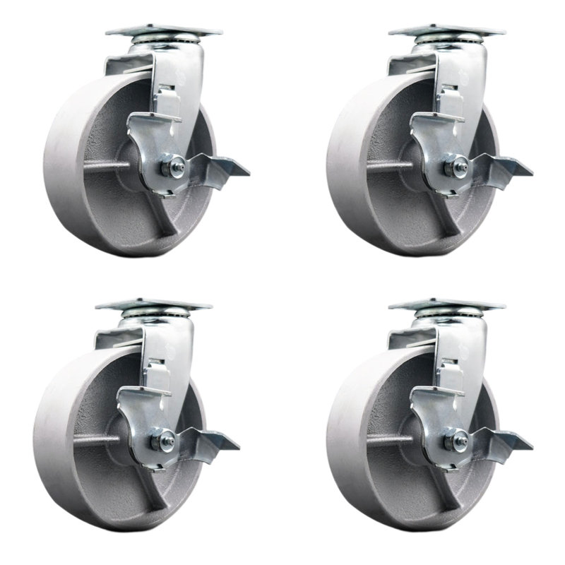 6 Inch Semi Steel Cast Iron Swivel Caster Set with Roller Bearings and Brakes