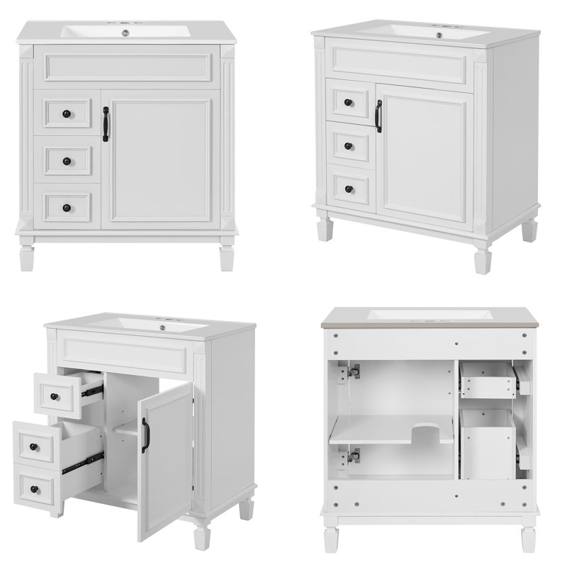 30" Modern French Bathroom Vanity - Single Vanity with Ceramic Sink,2 Drawers & Adjustable Shelf, White