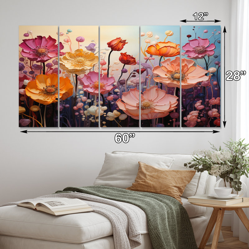 Fleurs éternelles mauves, fleurs jaunes et éternelles - impression sur toile florale - 5 panneaux égaux