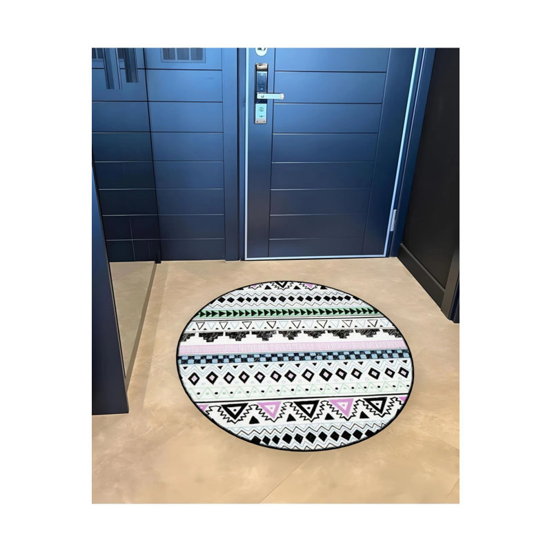 Multicolored Black Ethnic Detailed Woven Base Modern Decorative Carpet, Round 3'4"