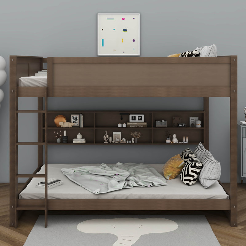Spacieux lit superposé grand-sur-grand avec armoires de rangement et ports USB pratiques, Bois antique