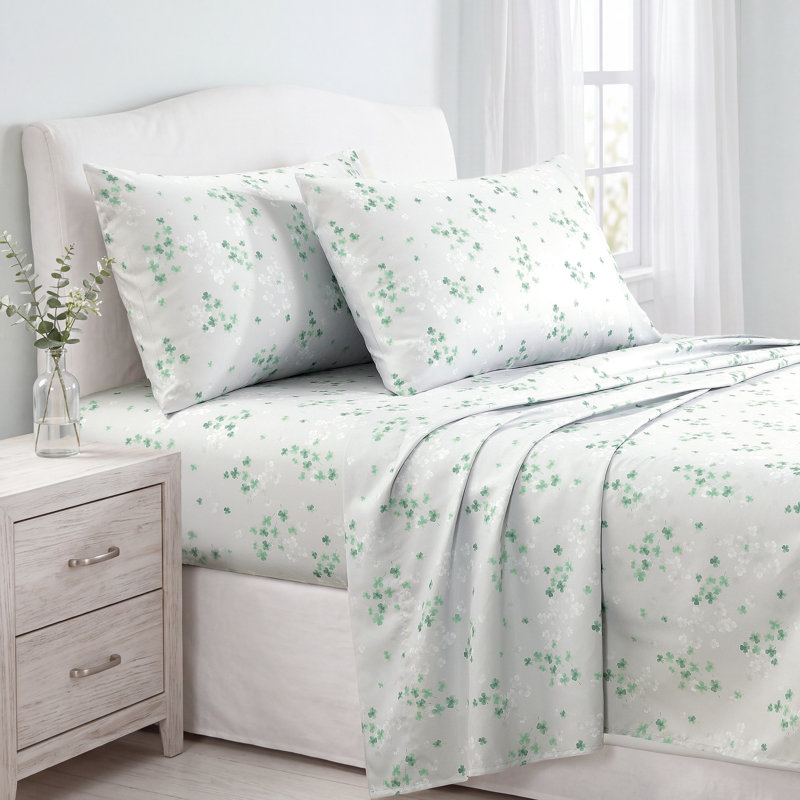 Ensemble de draps botaniques Southshore Fine Linens pour lit Cal King, 4 pièces, motif de feuilles, gris Shamrock Breeze