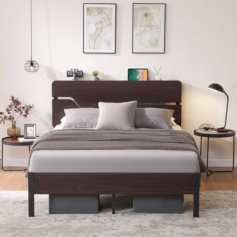 Solid Wood Bed Frame with Headboard and Silent Slats, 1000 Lb Capacity Bed Frame