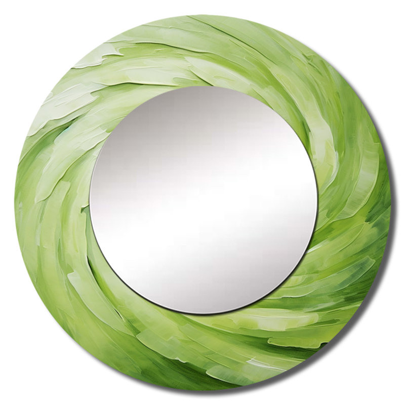 Green Serene Spiral Dreams II - miroir abstrait en spirale, miroir mural décoratif rond moderne, impression d'art en métal