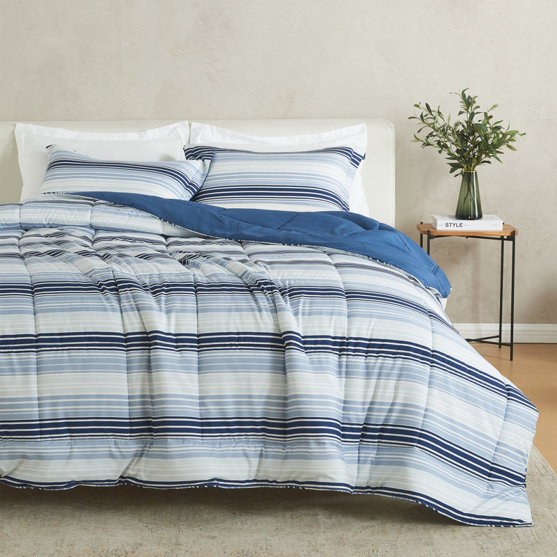 Twin Blue Gradient Stripe Reversible Microfiber Comforter Set