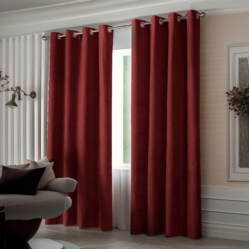 Nalaiyah Velvet Chenille Eyelet Curtains, 142cm Width x 137cm Drop, Red