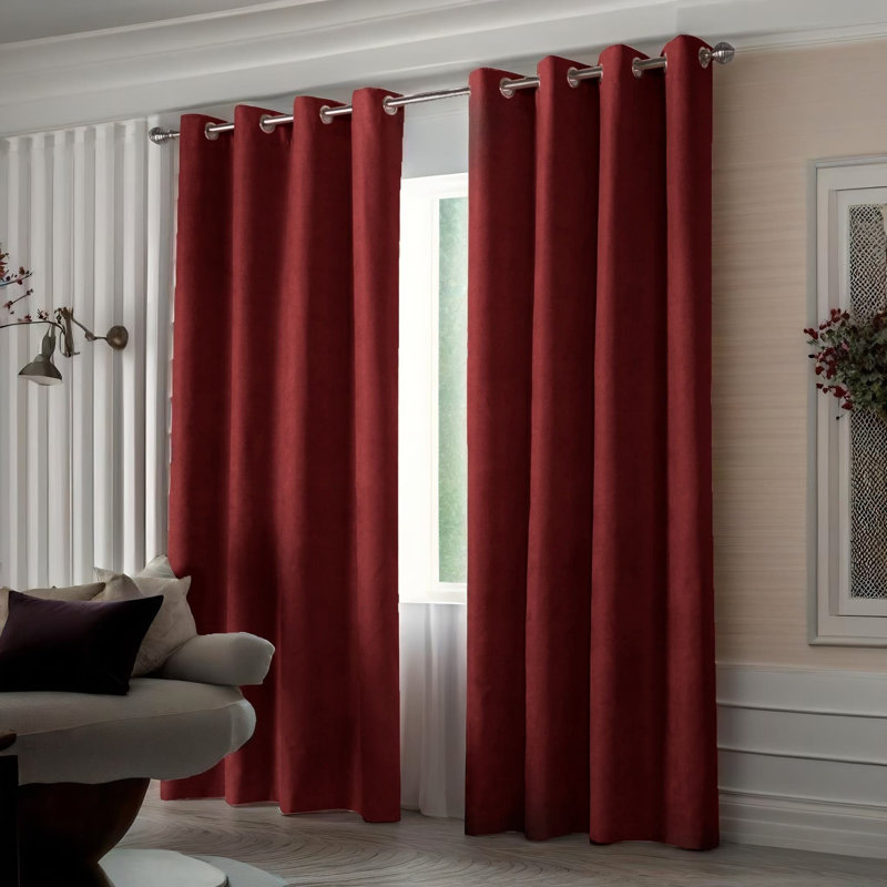 Nalaiyah Velvet Chenille Eyelet Room Darkening Curtains, 142cm Width x 137cm Drop, Red