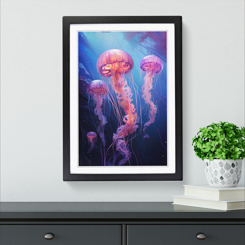 Jellyfish Realism - Single Picture Frame Print on Wood, Black, 46cm H x 34cm W x 2cm D