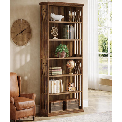 Bibliothèque ouverte gothique à 6 niveaux | Cadre en panneau de fibres à densité moyenne avec finition grain de bois foncé | Vitrine et armoire de rangement rétro pour le salon ou le bureau