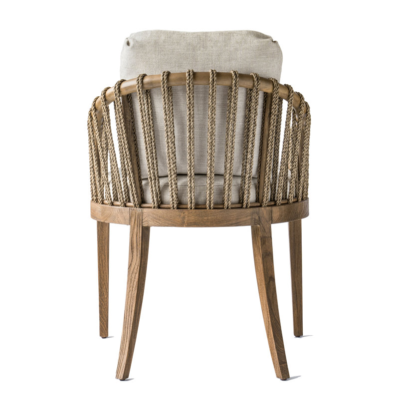 Beige Rattan and Teak Arm Chair with Cushions