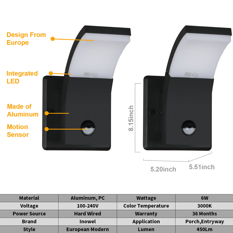 Saliha Wall Light Outdoor PIR Sensor LED Wall Mount Lamp Arc Wall Sconce Lighting with Motion Sensor, Black
