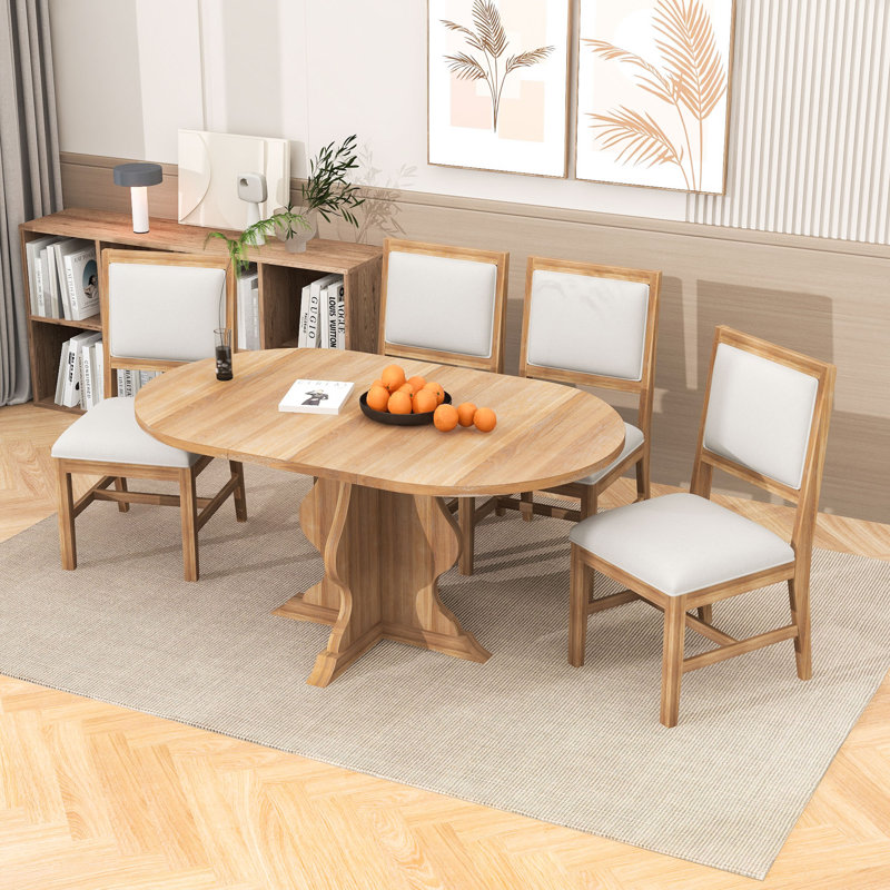 Ensemble de salle à manger de ferme 5 pièces avec table extensible et 4 chaises rembourrées pour la salle à manger, Naturel