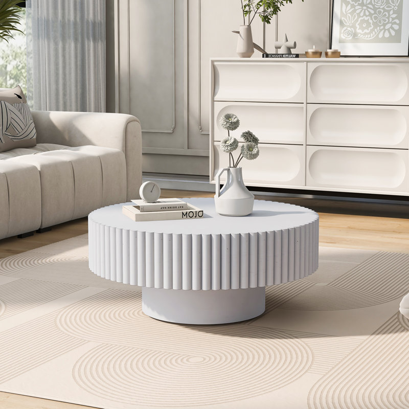 Round Drum Solid Wood White Fluted Design Open Storage Center Table Living Room Furniture
