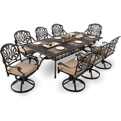 9-Piece Cast Aluminum Outdoor Table and Chairs, Classic Vintage Patio Dining Set for 8 Include 87" Rectangular Outdoor Dining Table and 8 Swivel Chairs with Removable Cushion and Umbrella Hole